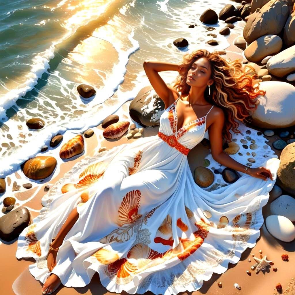 Woman Sunbathing on Beach: Detailed Matte Painting