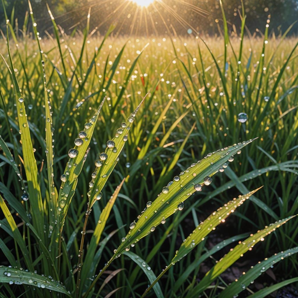 Golden Hour Impressionist Masterpiece with Dewy Grass