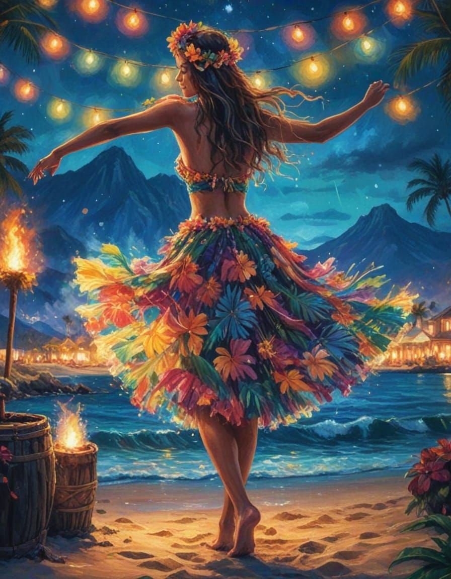 Hula Dancer Under Tropical Night Sky