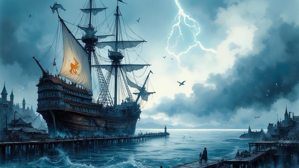 Rainy Fantasy Harbor with Merchant Ship in Ink Painting