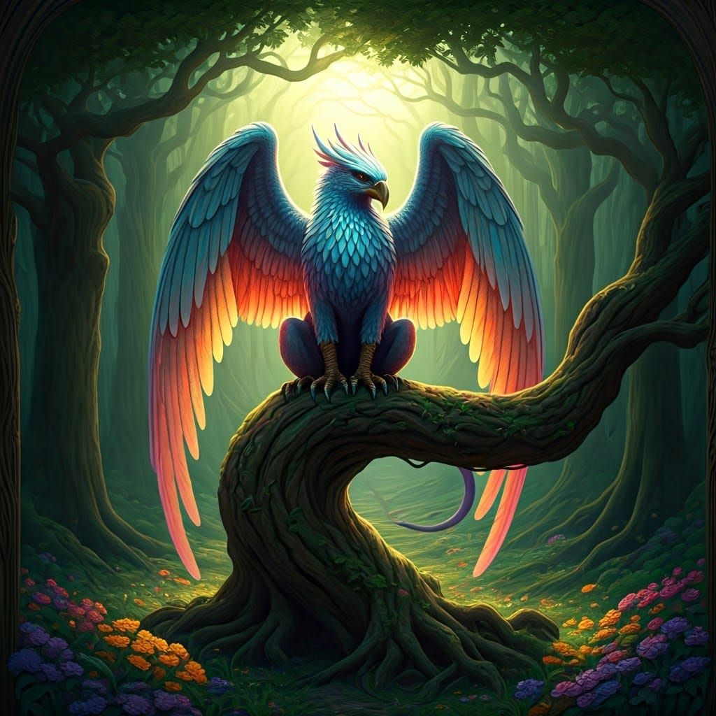 Regal Griffin Amidst Ancient Oak in Emerald Grove