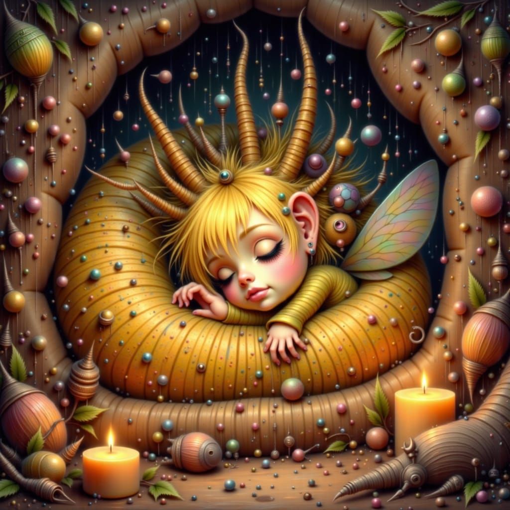 Sleepy Bee in Cozy Beehive, Whimsical Illustration