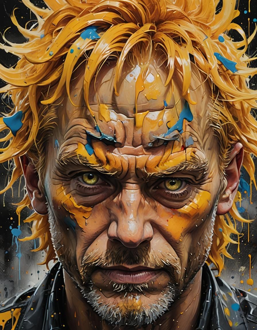 A close-up of an orange man with yellow hair.