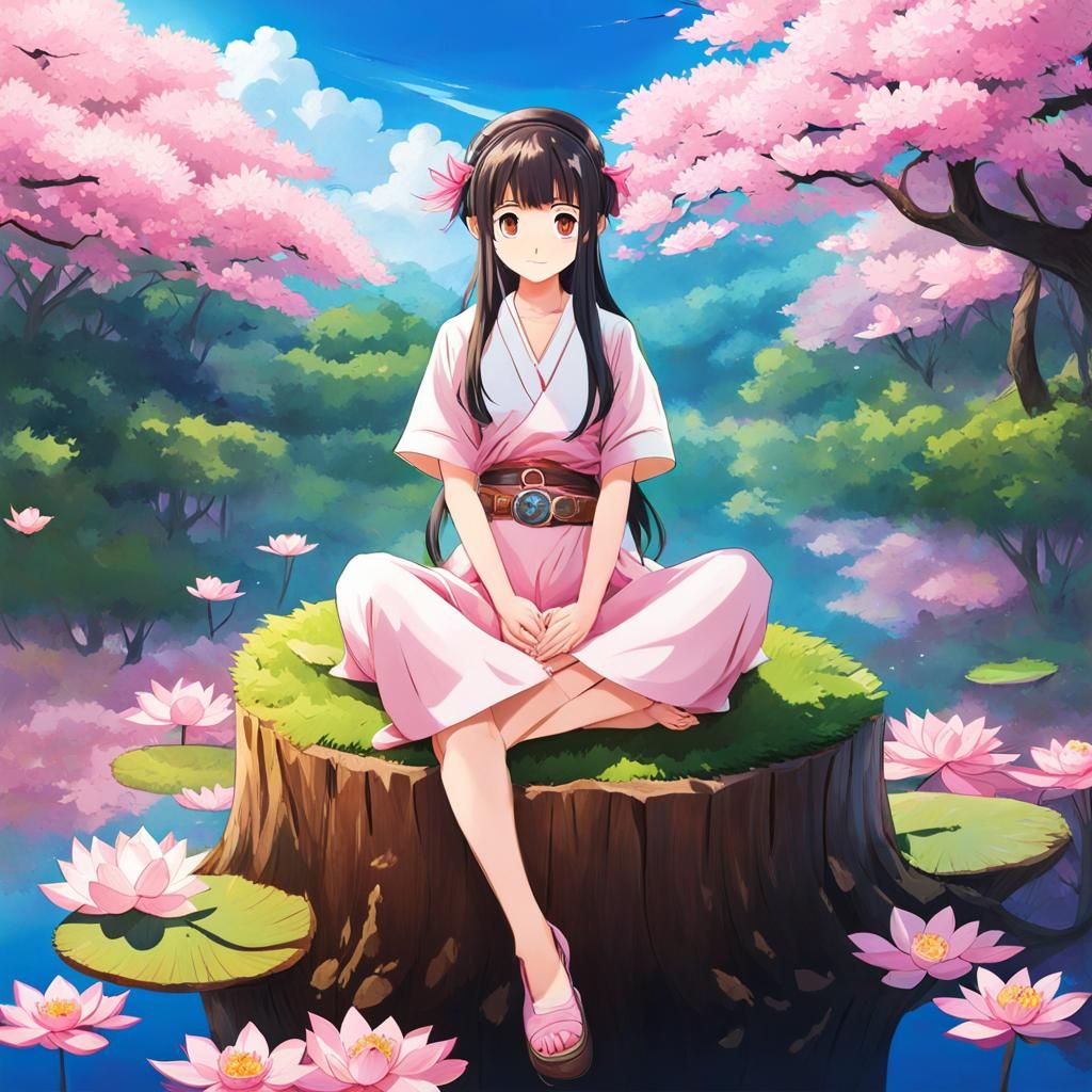 Lotus Blossom Girl on Sakura Stump in Anime Style
