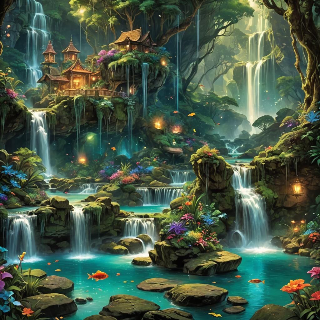 Magical Realm: Waterfalls, Mermaids, and Fireflies