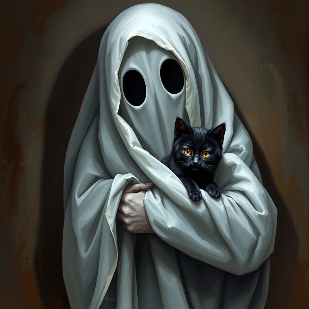 Ghostly Figure with Kitten in Oil Painting Style