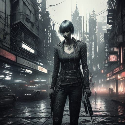 Anime Angel in Gritty Neon Cityscape