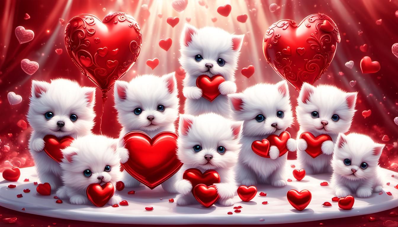 shiny red heart tea party of fluffy white chibi puppies and kittens ,red shiny hearts Playful. Cute. Fluffy ethereal fan...