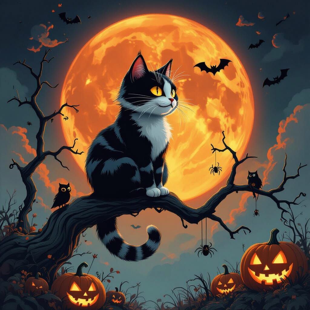 Cheshire Cat on Branch Under Blood Moon