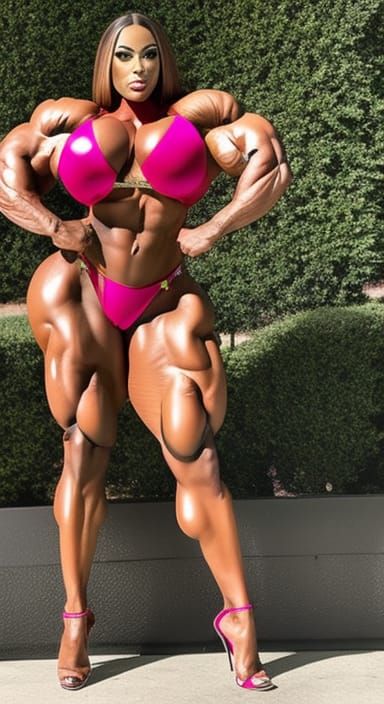 Voluptuous Redhead Bodybuilder Posing with Massive Muscles