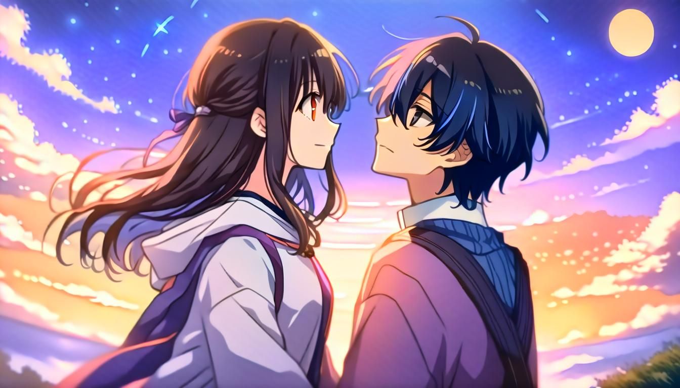 Romantic Moonlit Couple in Anime Style