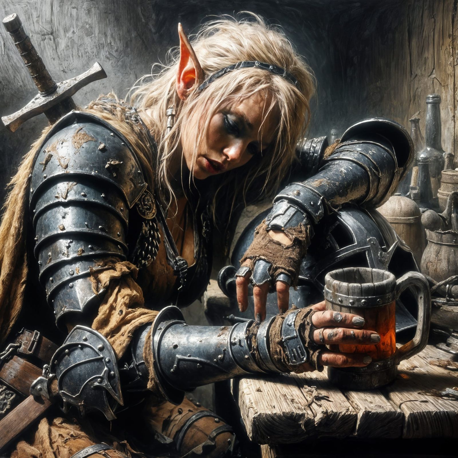 Intoxicated Knight in Tavern, Chiaroscuro Painting