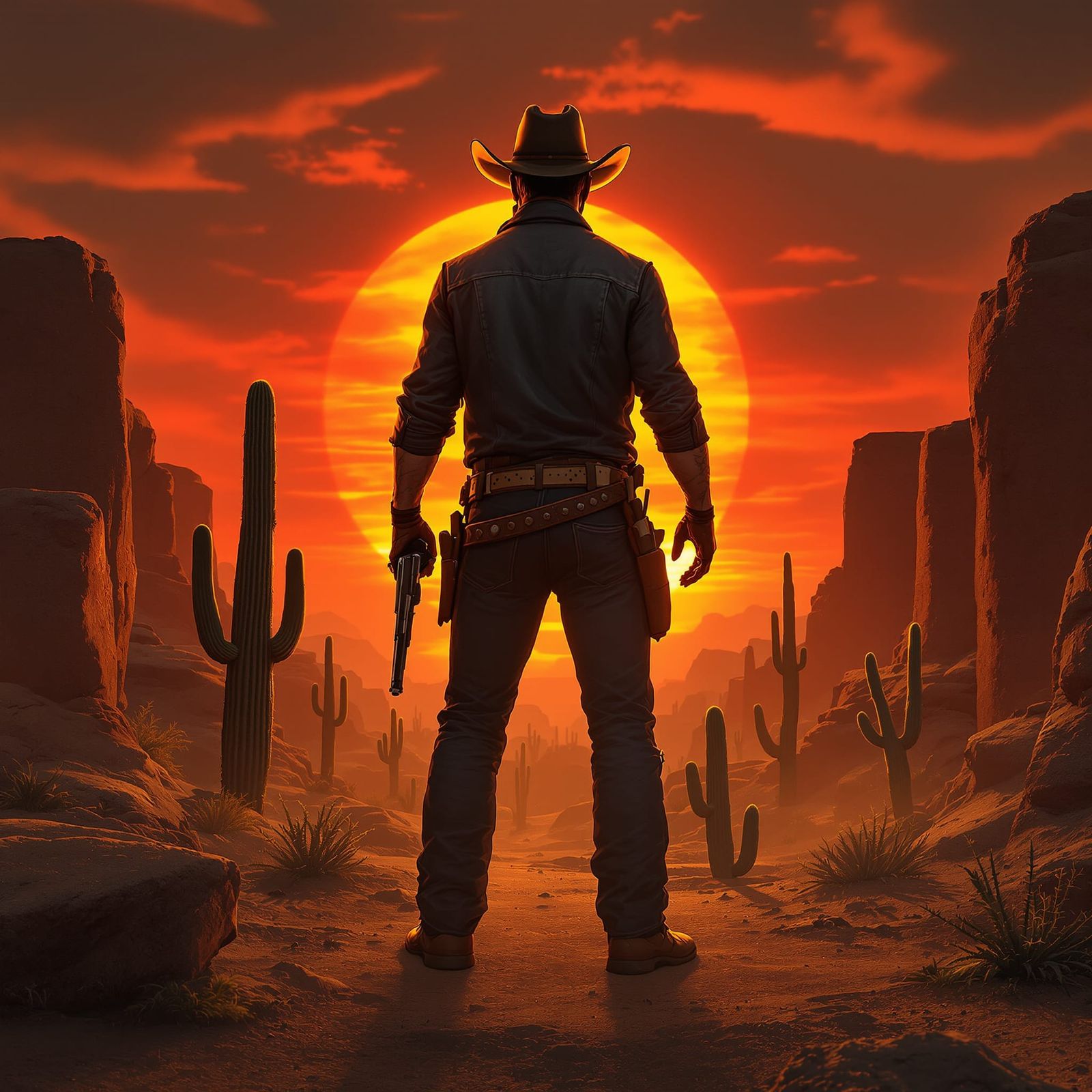 Gunfighter Silhouetted Against Fiery Desert Sunset