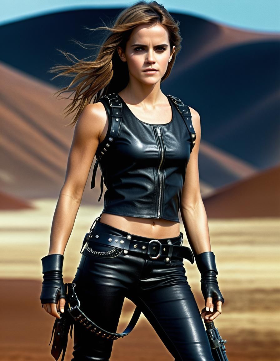 Emma Watson as a post-apocalyptic survivor in leather shooti...