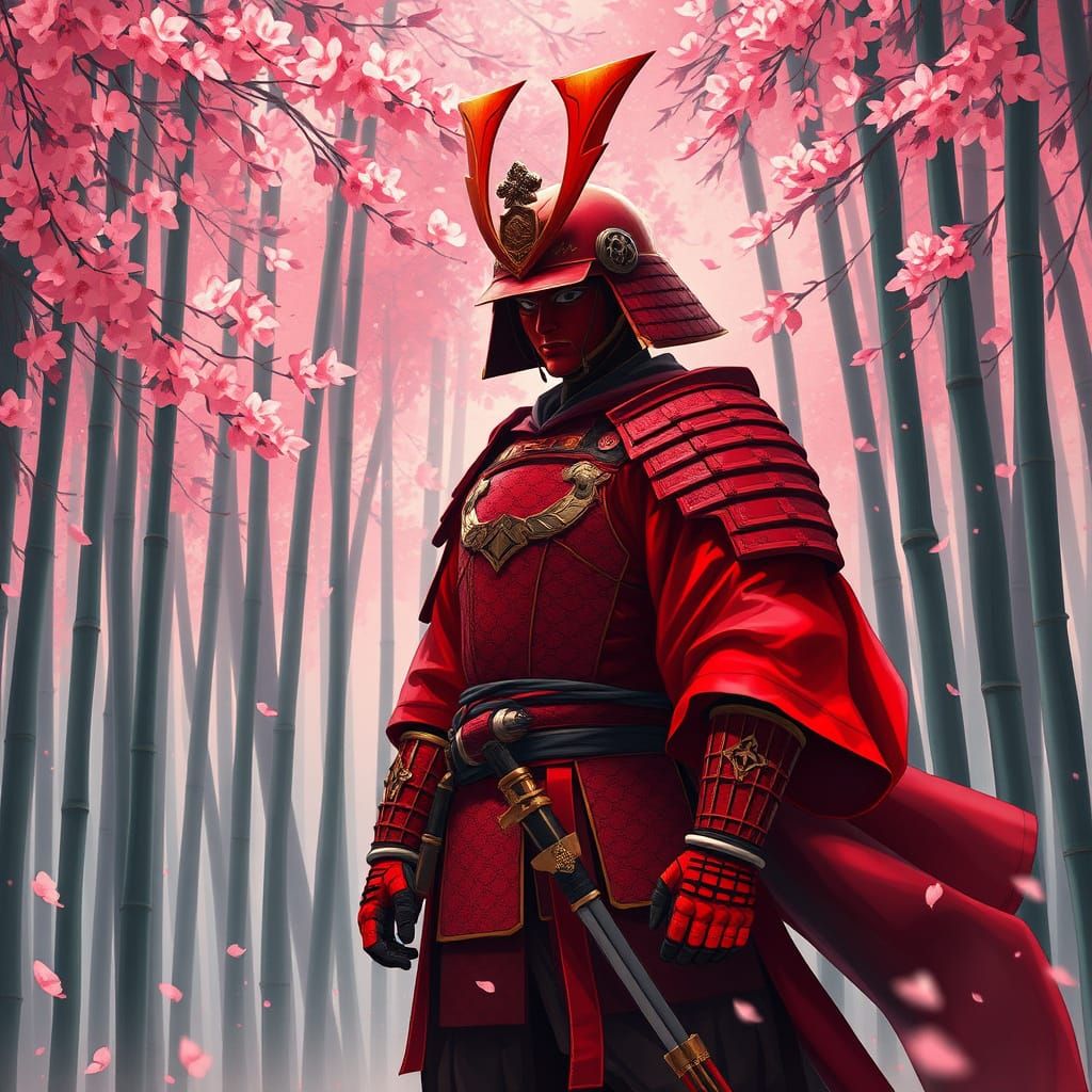 Samurai Warrior in Bamboo Forest: Digital Painting