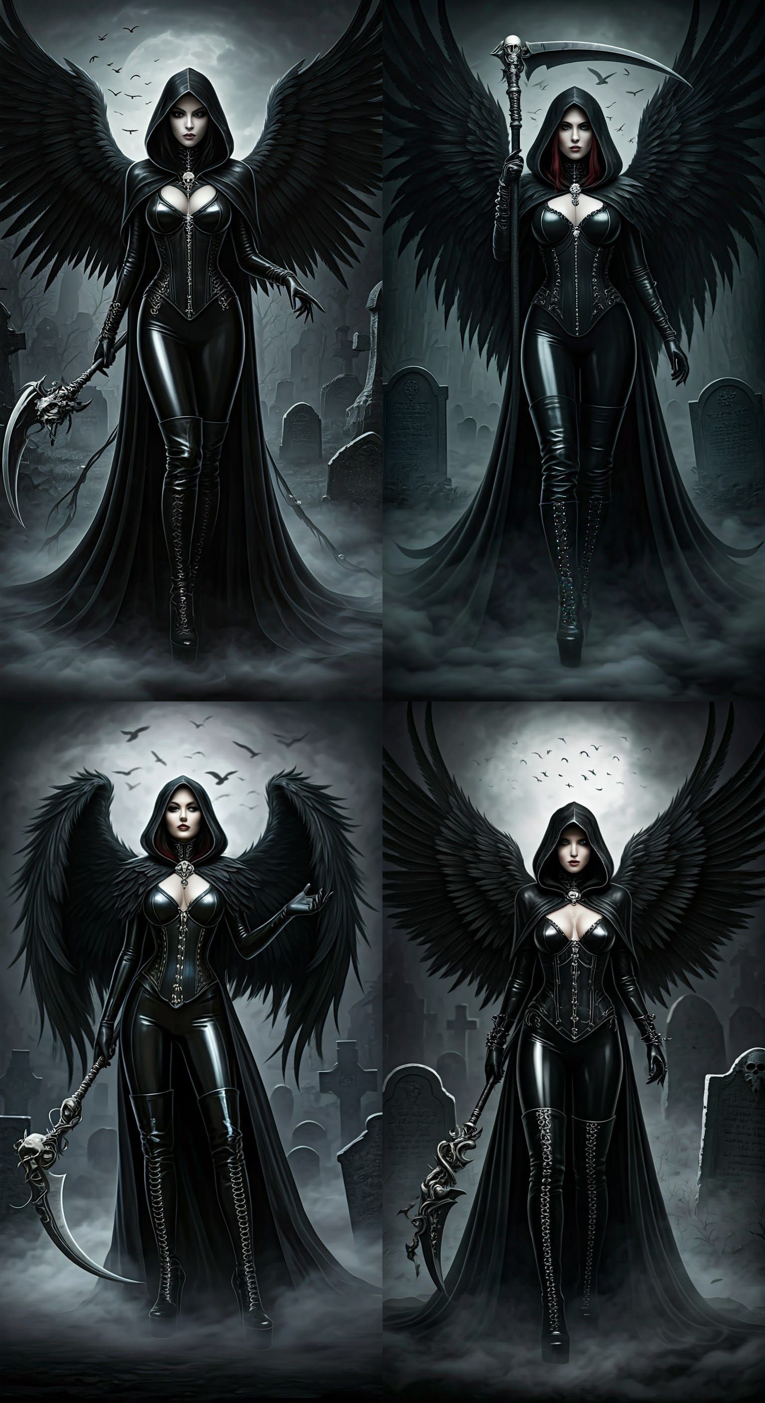 A female figure grim reaper stands in an ethereal setting, s...
