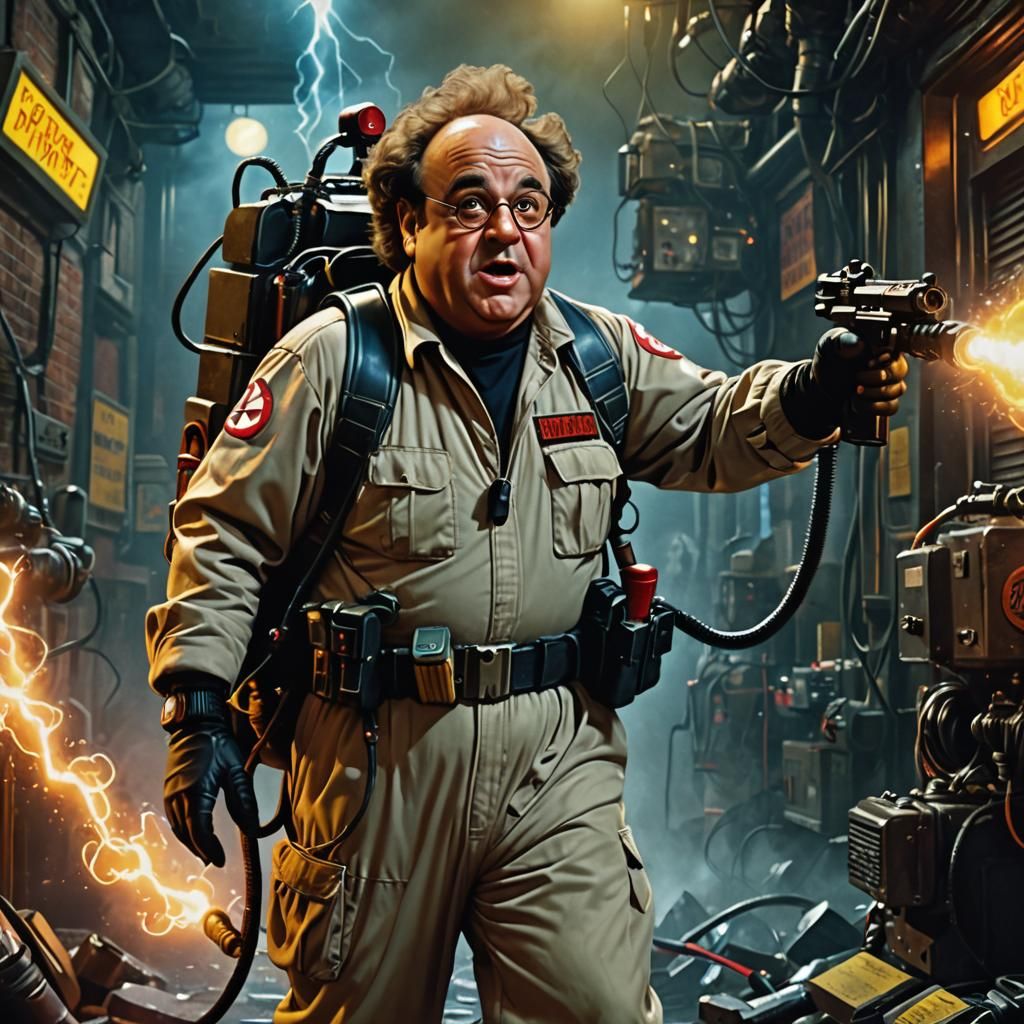 Danny DeVito dressed as a Ghostbuster in the 1980s