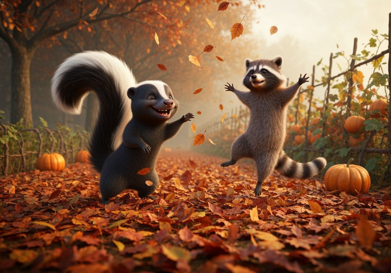 Skunk and Raccoon Joyfully Play in Autumn Leaves