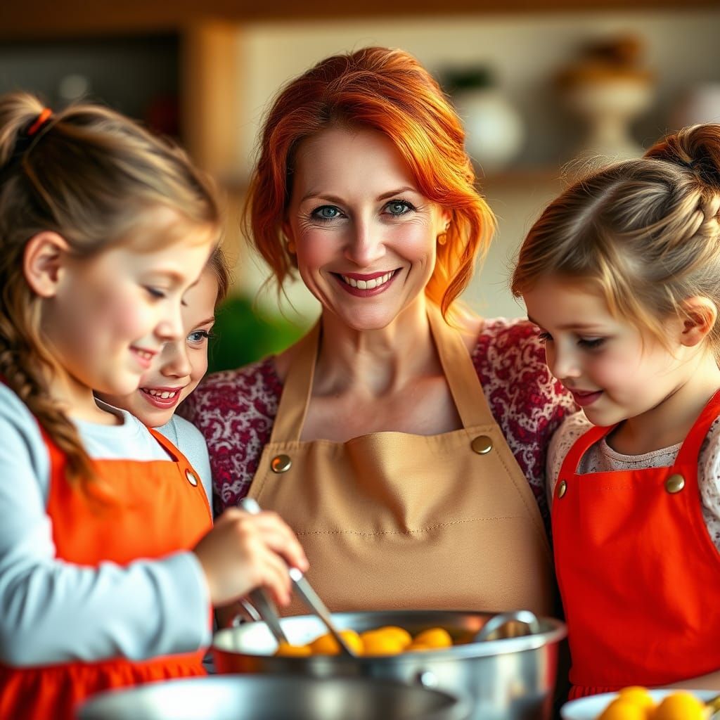 Redhead Tradwife Teaching Daughters to Cook, Emotive Portrai...