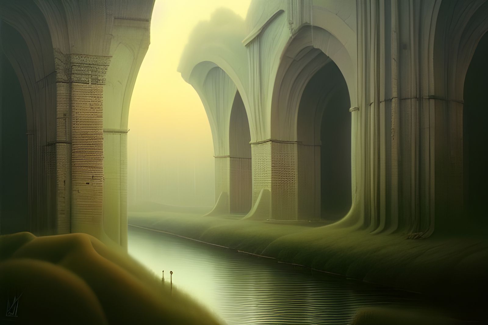 Surreal Liminal Waterway with Ancient Arches