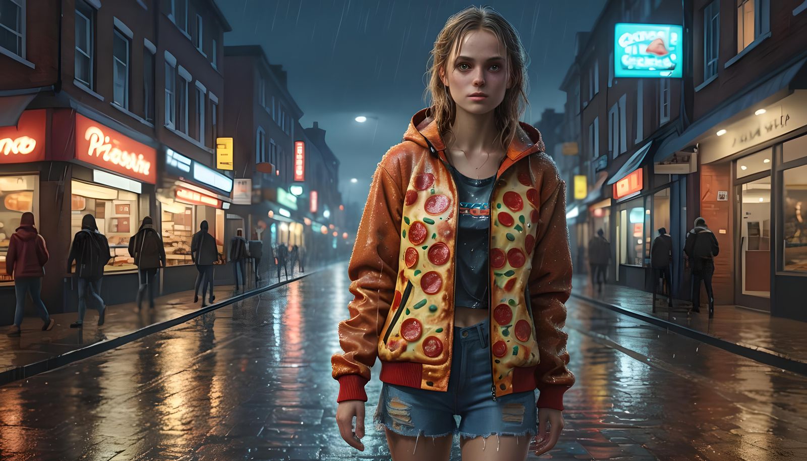 Woman in Pizza Jacket, Hyperrealistic Street Portrait