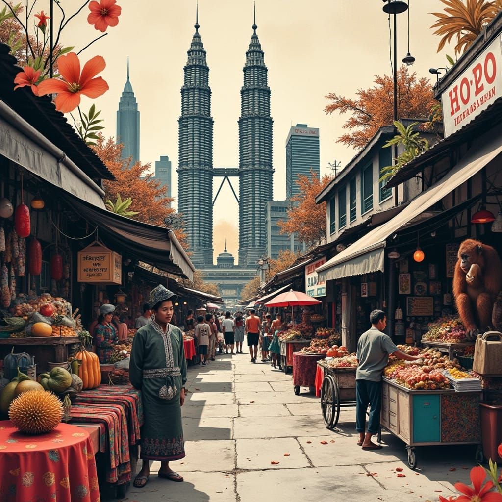 Monochromatic Graffiti Collage of a Hidden Malaysian Marketp...