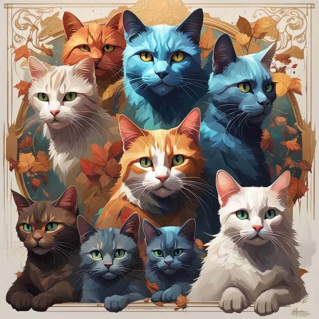 Detailed Portrait of a Cat Family in Art Nouveau Style