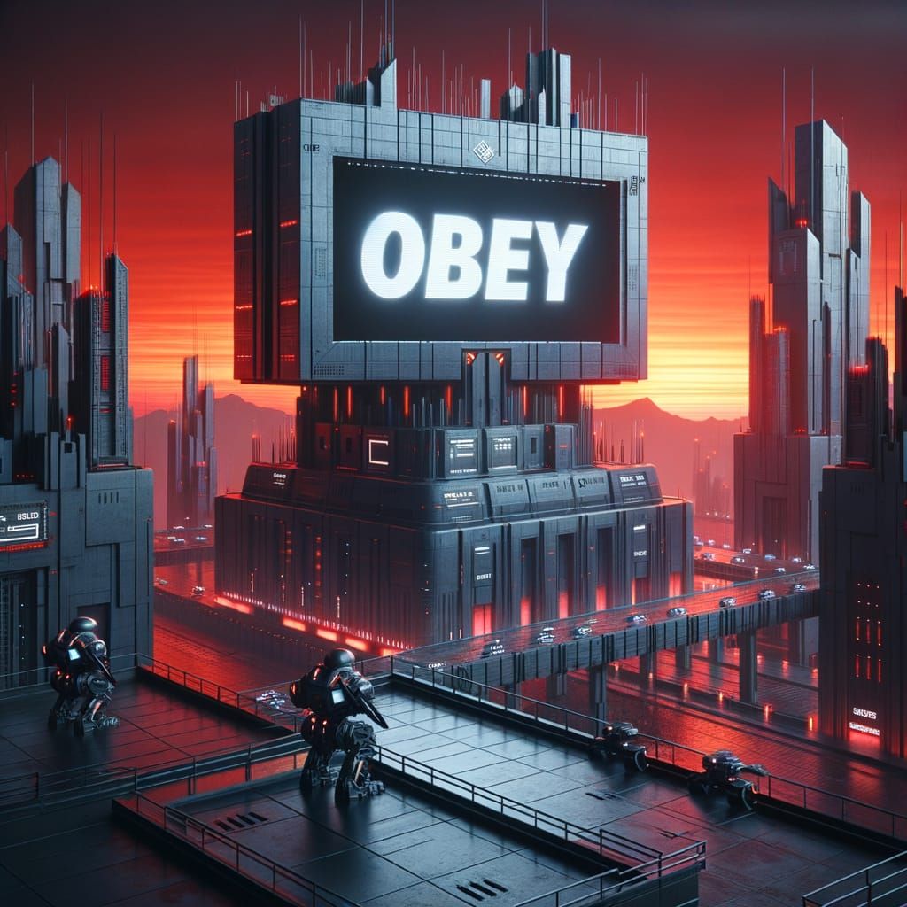 Cyberpunk Citadel: 'OBEY' Jumbotron at Sunset