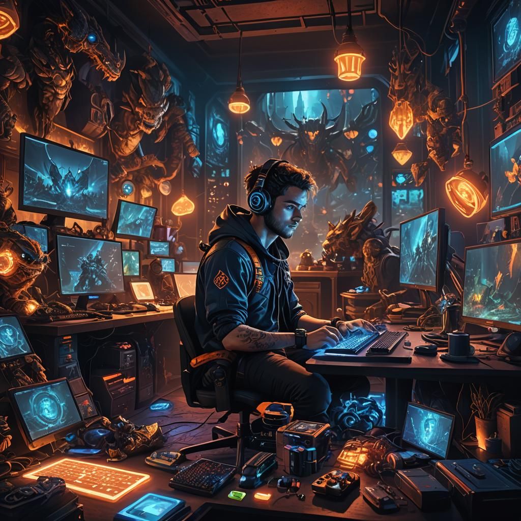 Fantasy Gamer in a Dimly Lit Room