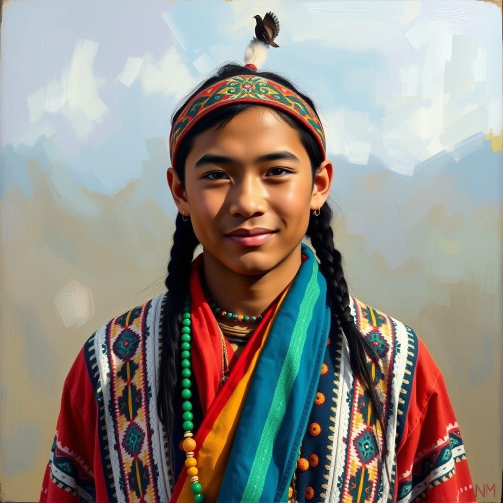 Proud Two-Spirit Navajo Youth Portrait in Vibrant Style