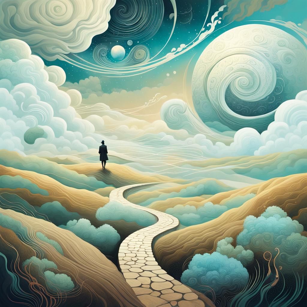 Surreal Cloudscape with Figure in Dreamlike Landscape
