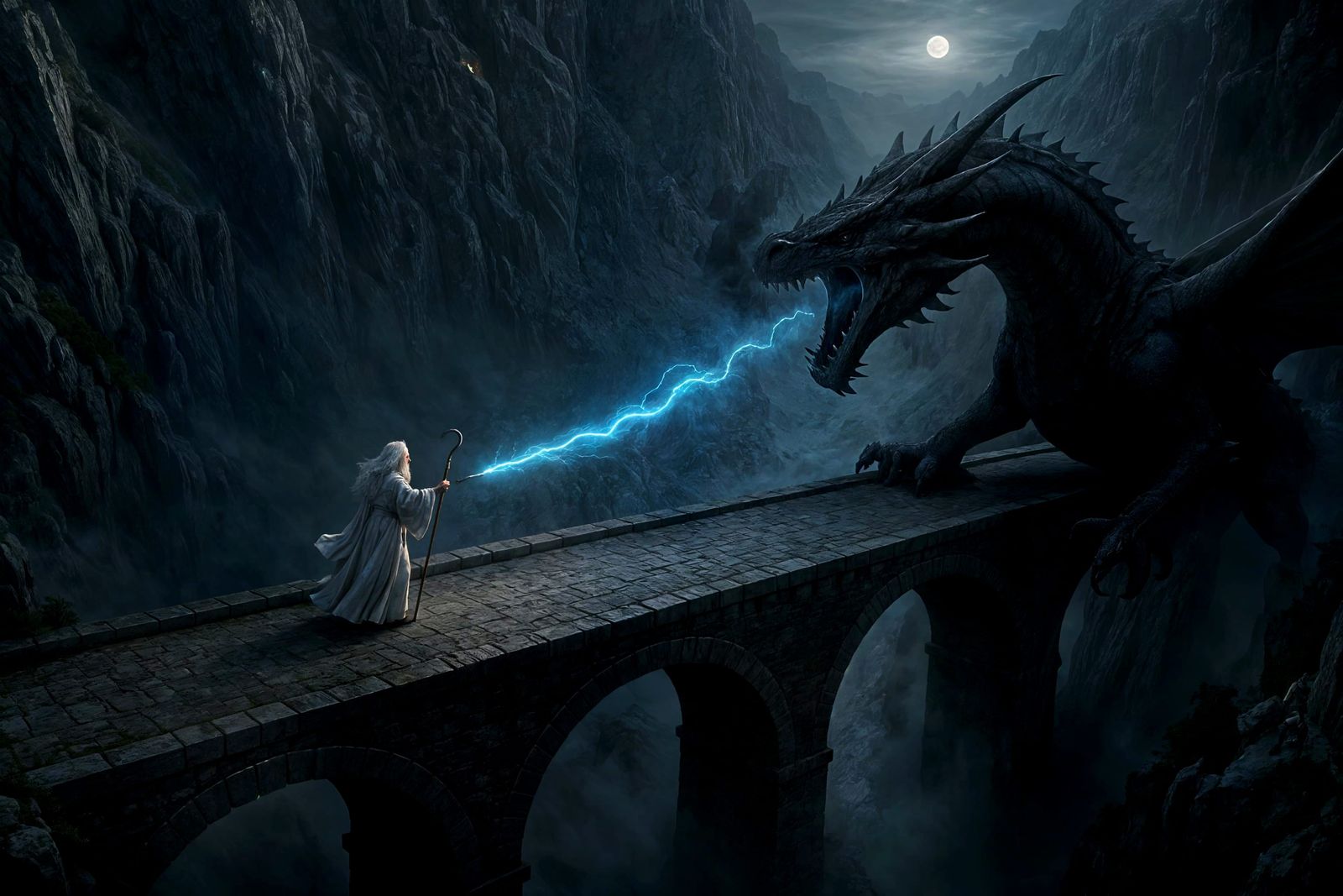 Wizard and Dragon Duel Above Misty Chasm