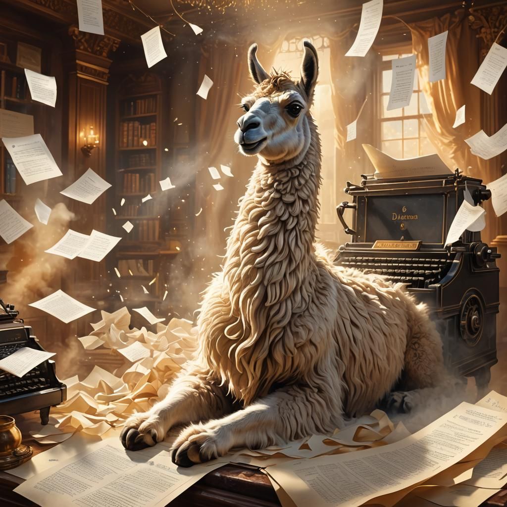 Llama Typing at Antique Typewriter in Fantasy Art
