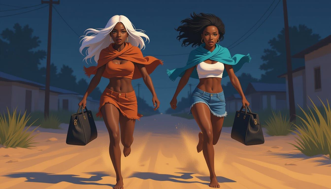 African Twin Sisters Flee in Midnight Darkness, Animated Sty...