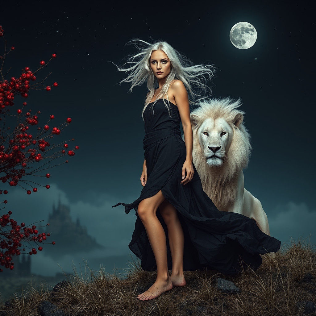 Stone Age Lady with Lion in Atmospheric Portrait