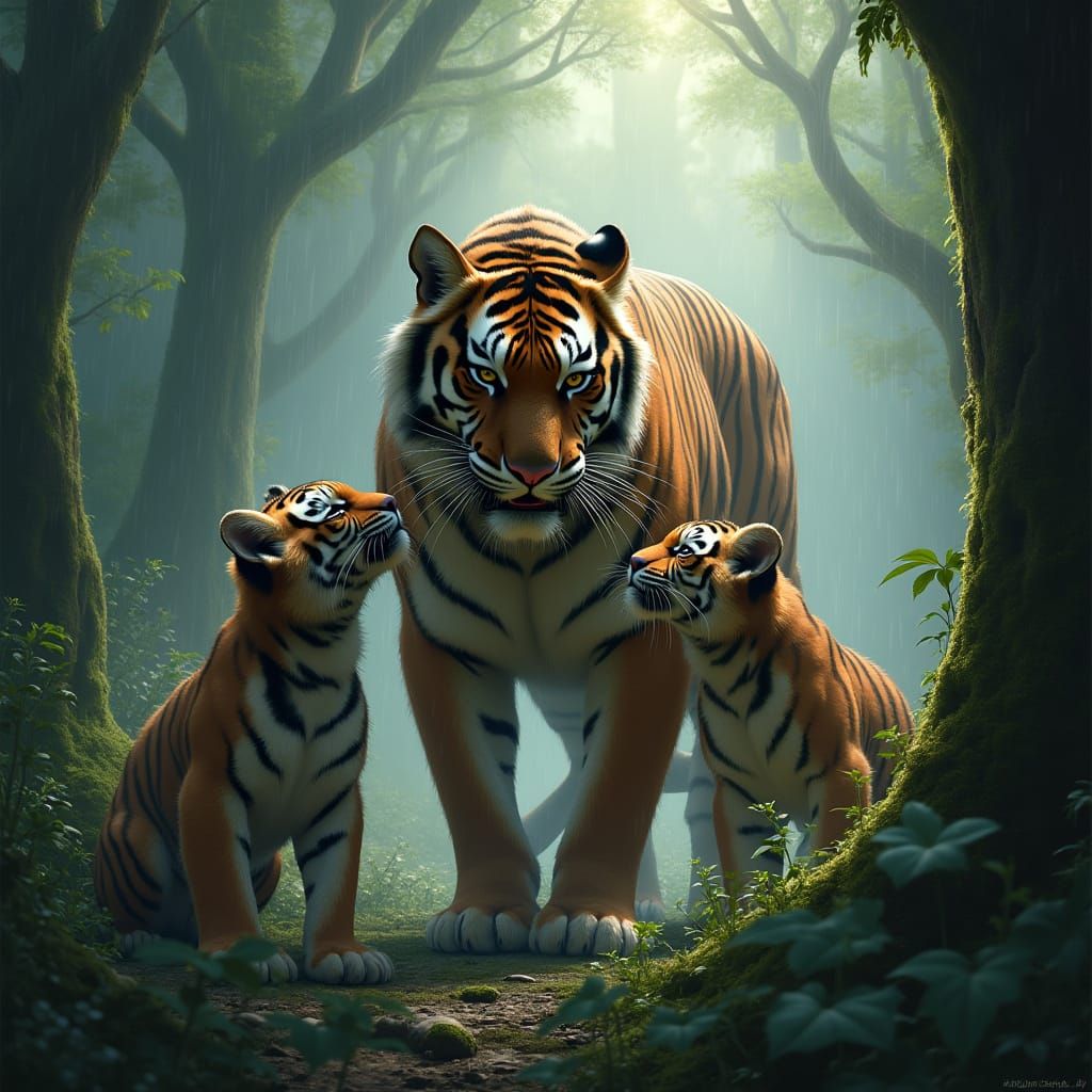 Majestic Tigress Protects Cubs in Dramatic Forest Storm