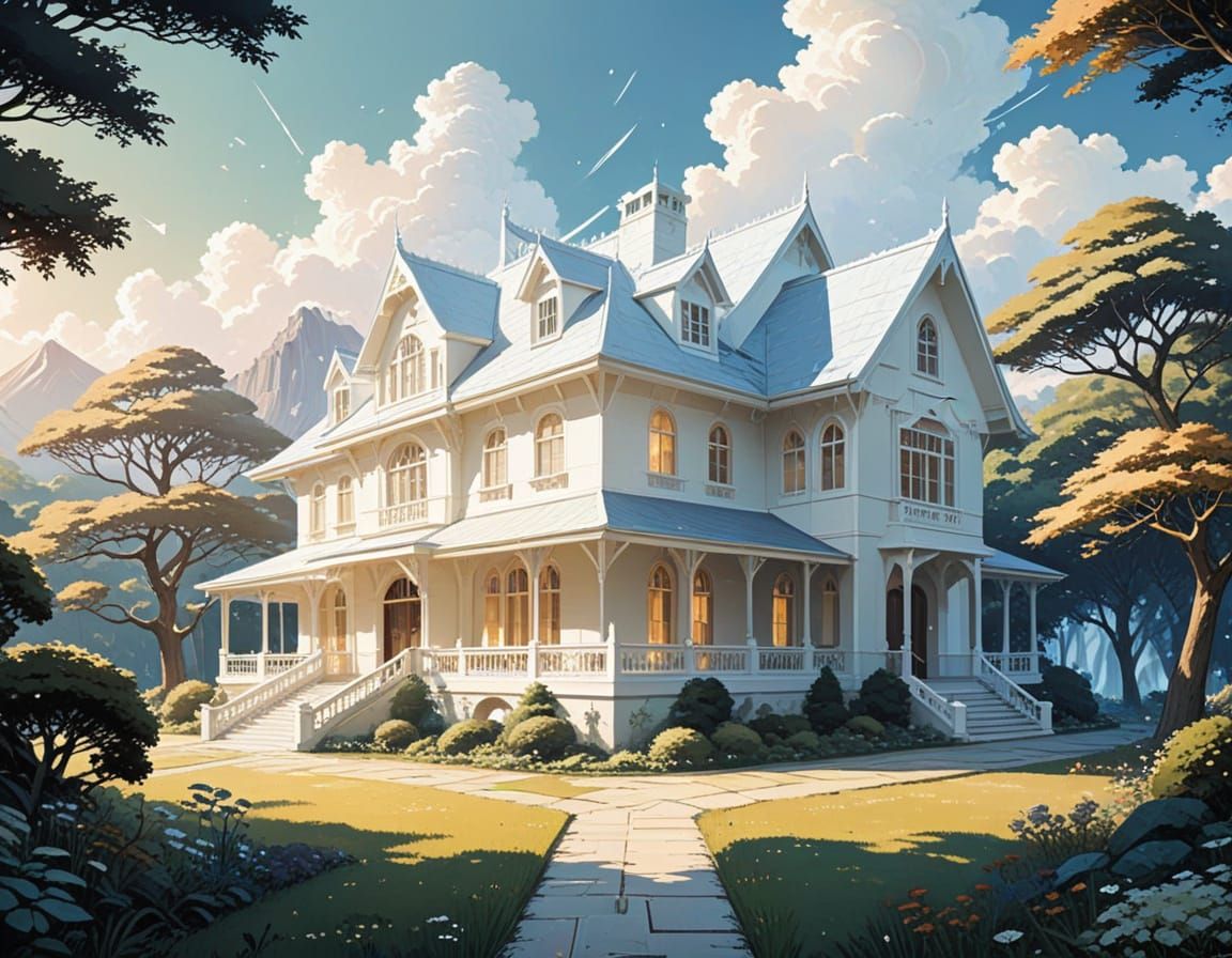 Surreal Geometric Utopia with Shimmering Wooden House