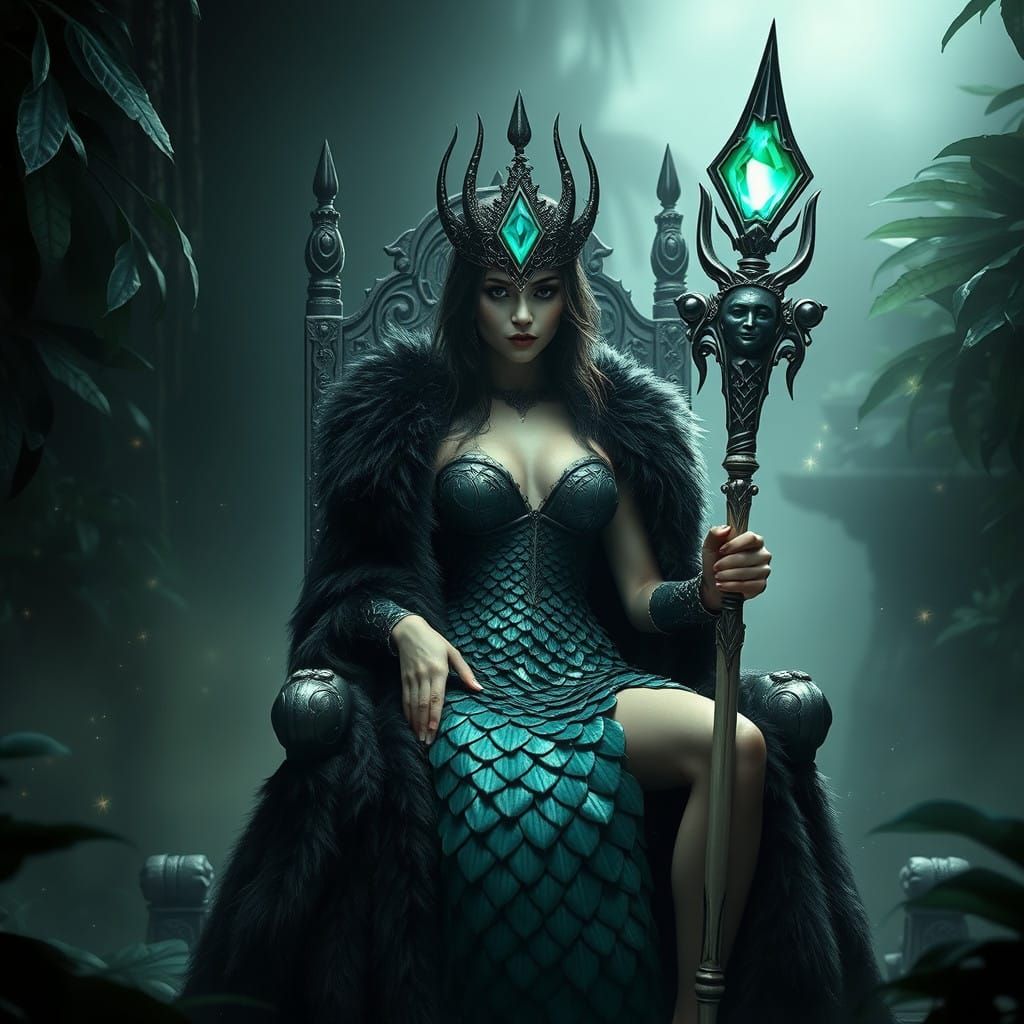 Regal witch queen reigns in enchanted shadows
