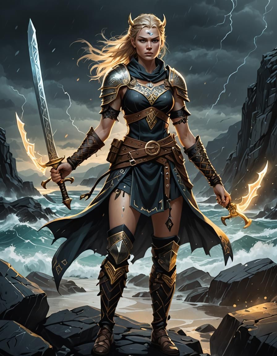 Viking Warrior Woman with Swords and Glowing Runes