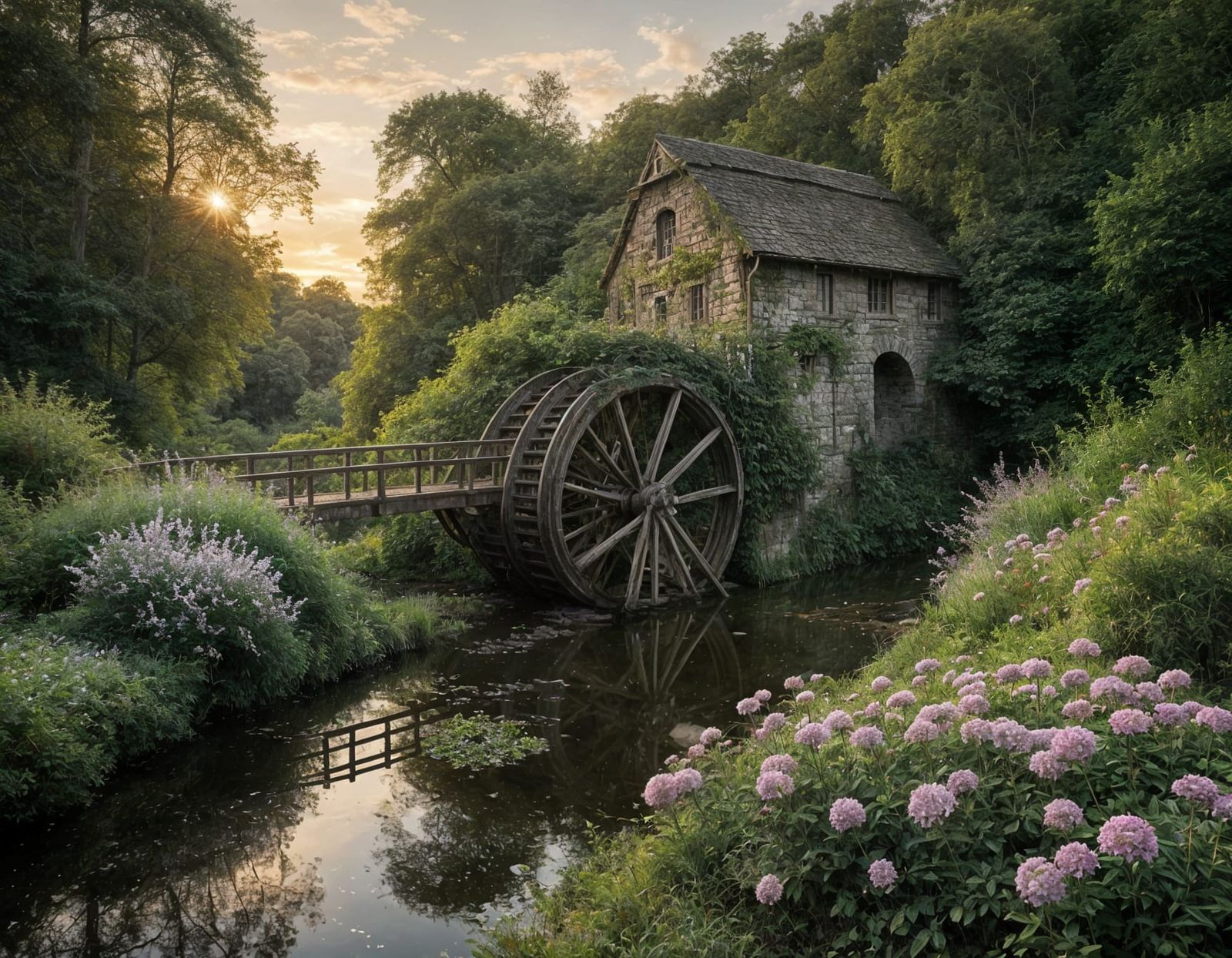 Whimsical Waterwheel in a Twilight Forest