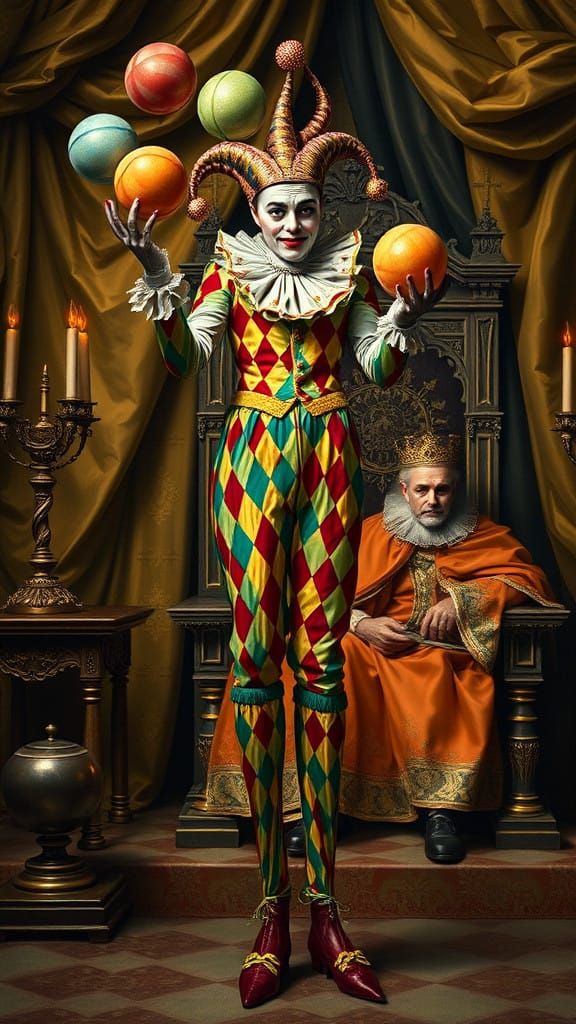 Vibrant Harlequin Jester Pauses Before Regal Throne