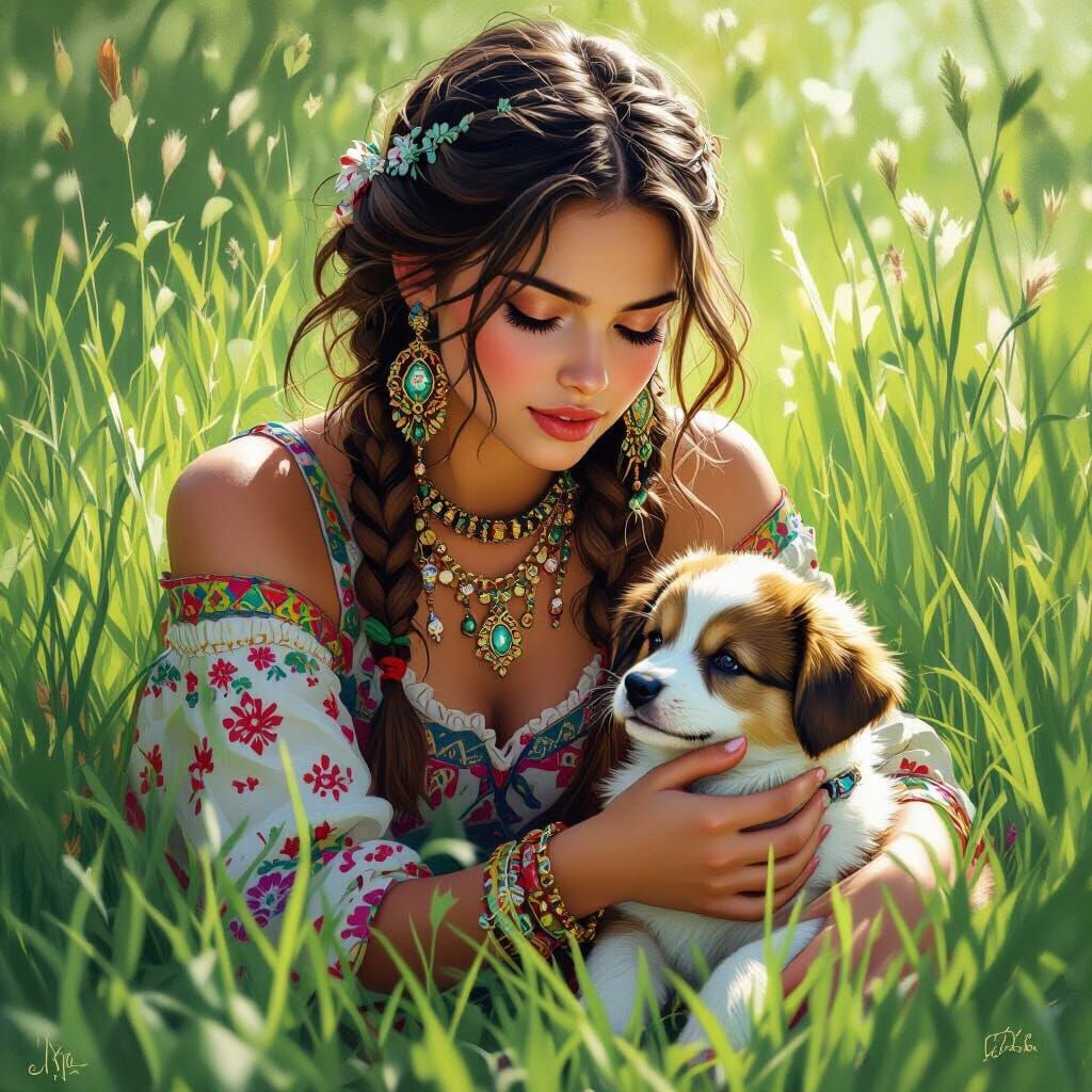 playing with puppy in green grass.