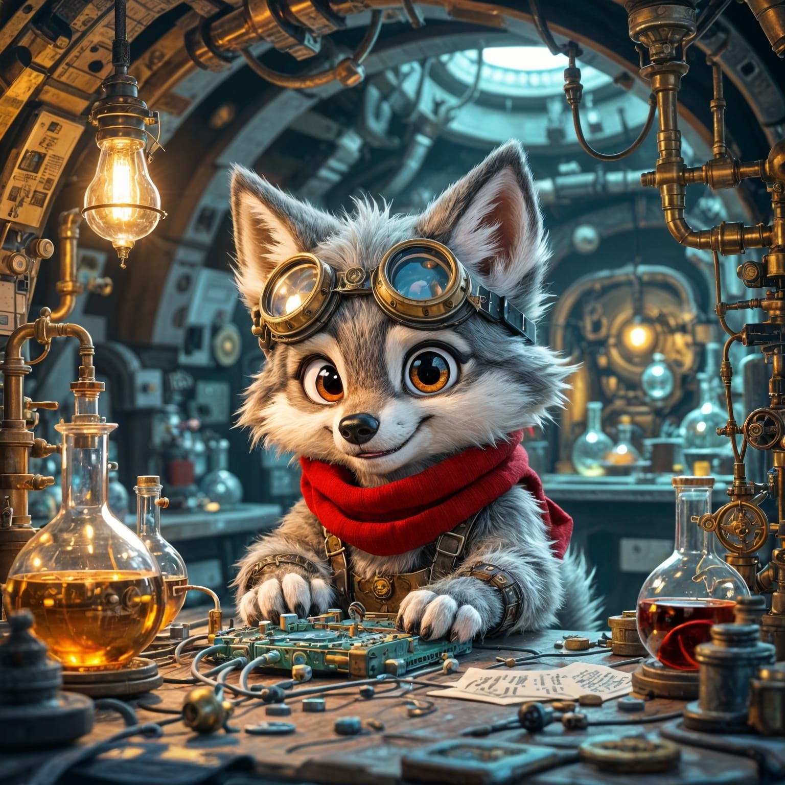 Steampunk Wolf Cub Inventor Tinkers with Wires and Gadgets i...