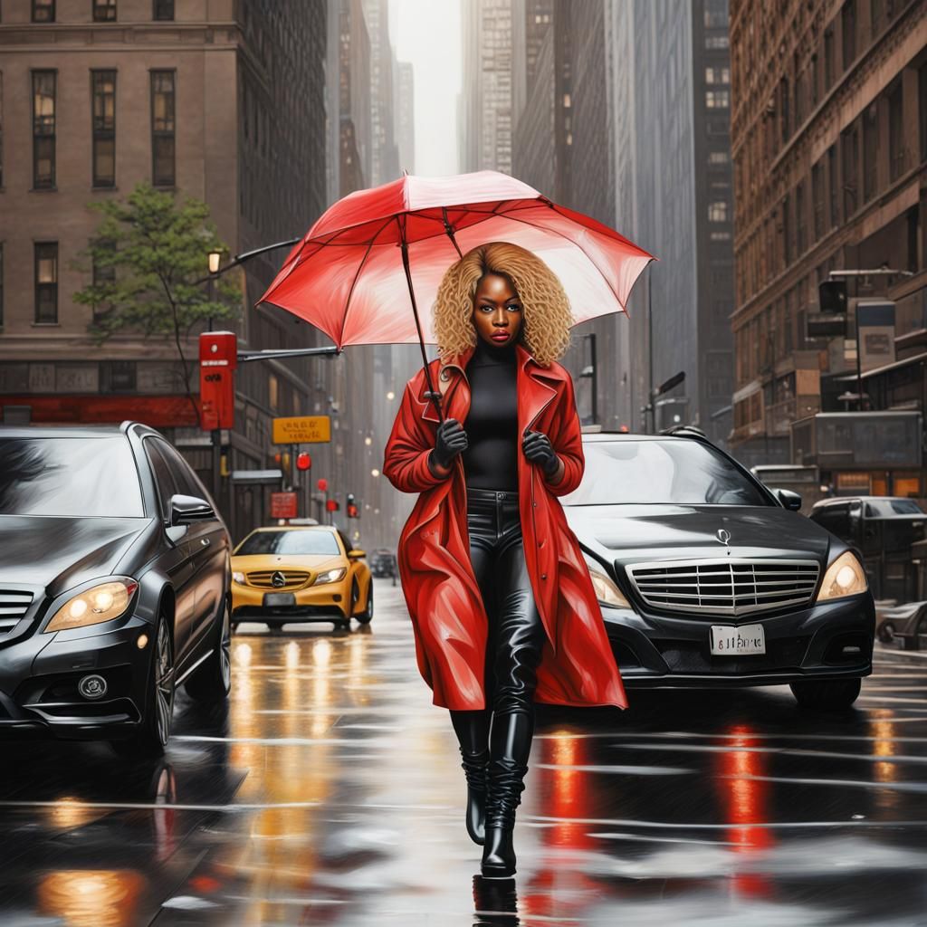 Dramatic Portrait of Woman with Umbrella in Rainy New York