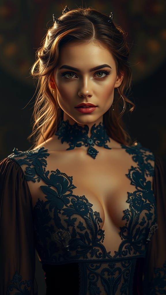 Hyperrealistic Model in Velvet and Lace Editorial