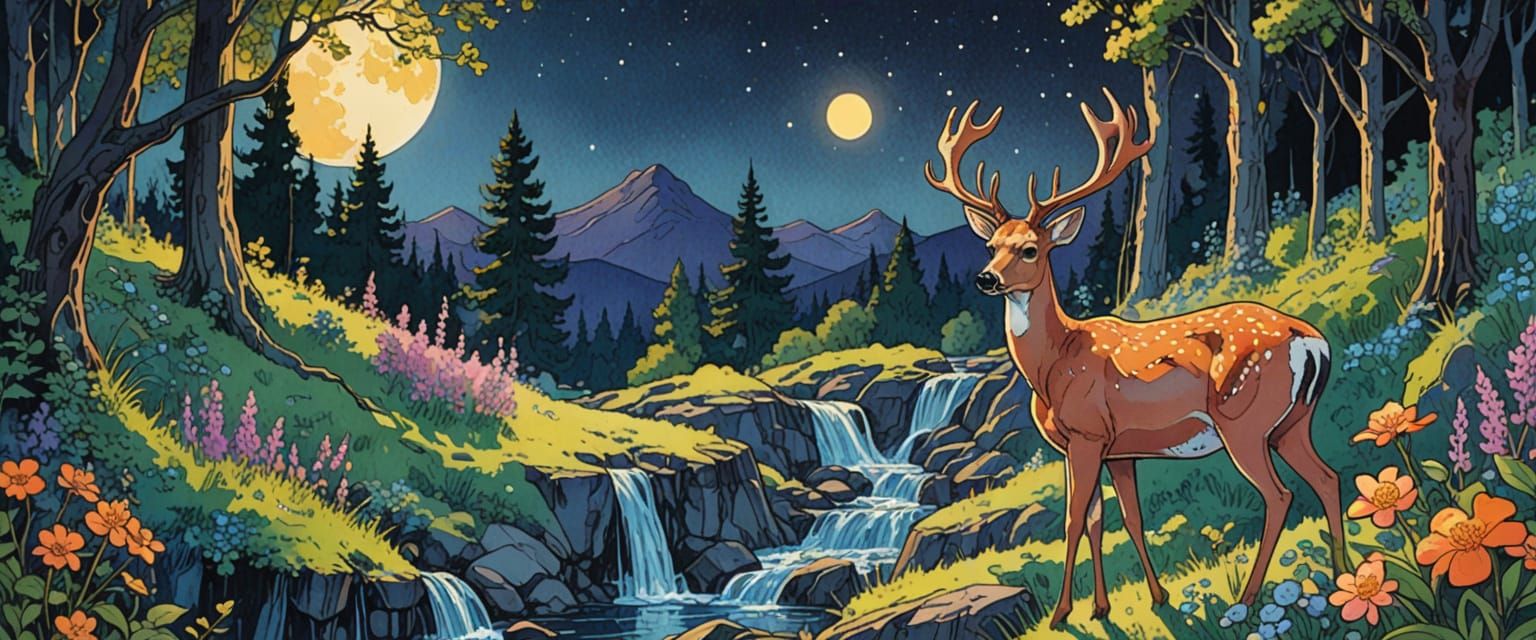 Whimsical Deer at Waterfall in Comic Book Style