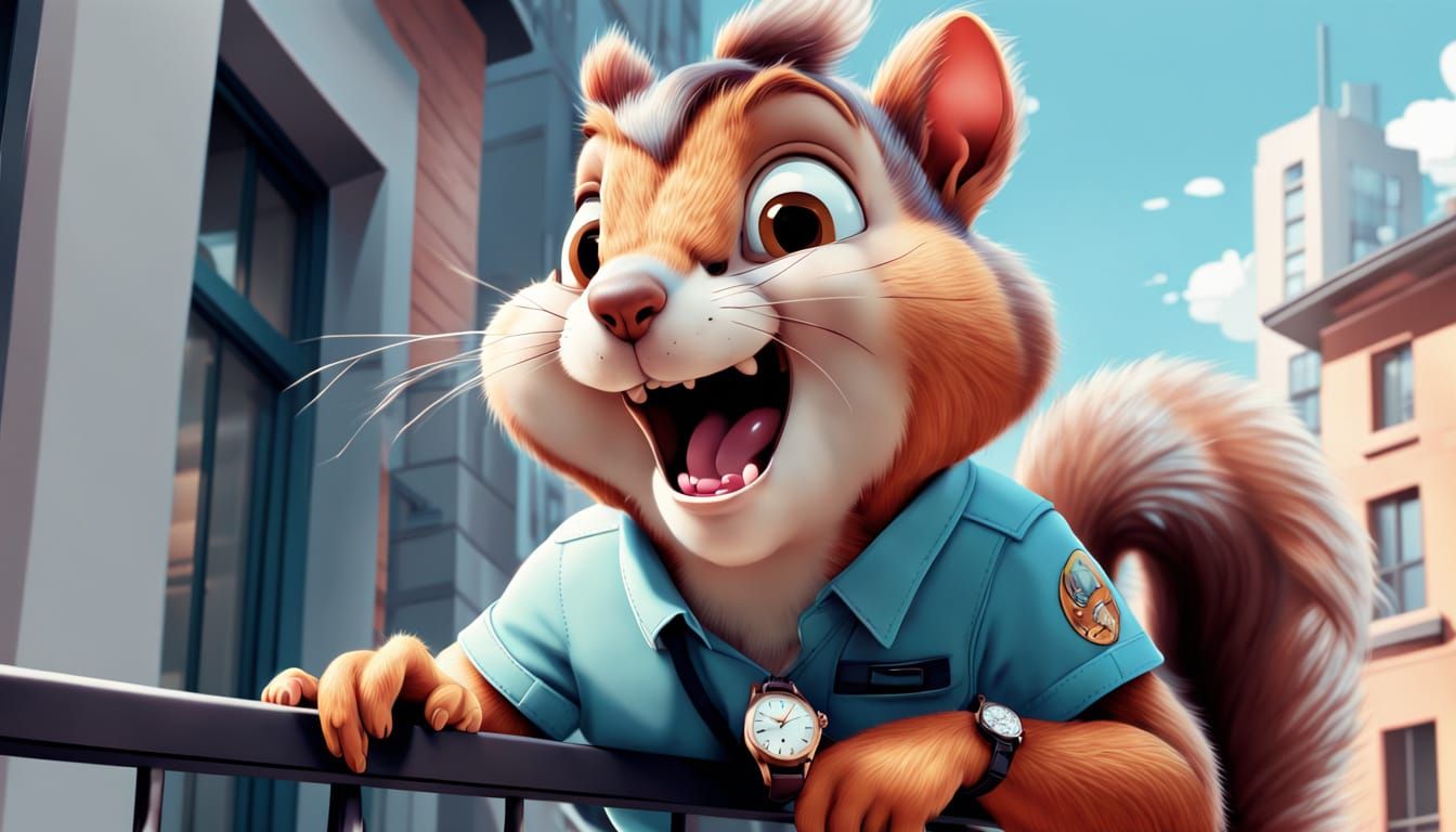 A mischievous cartoon squirrel dangling from a city balcony with a stolen shiny watch