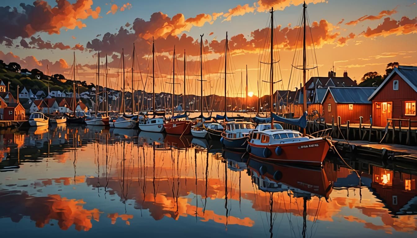 Sunset Harbor in Painterly Style with Reflections