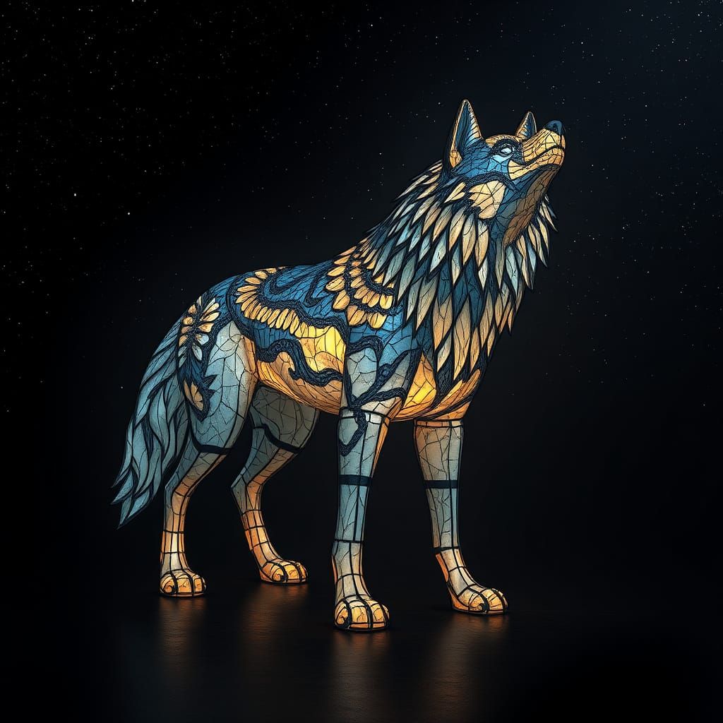 Glowing Stained Glass Wolf in Mystical Setting