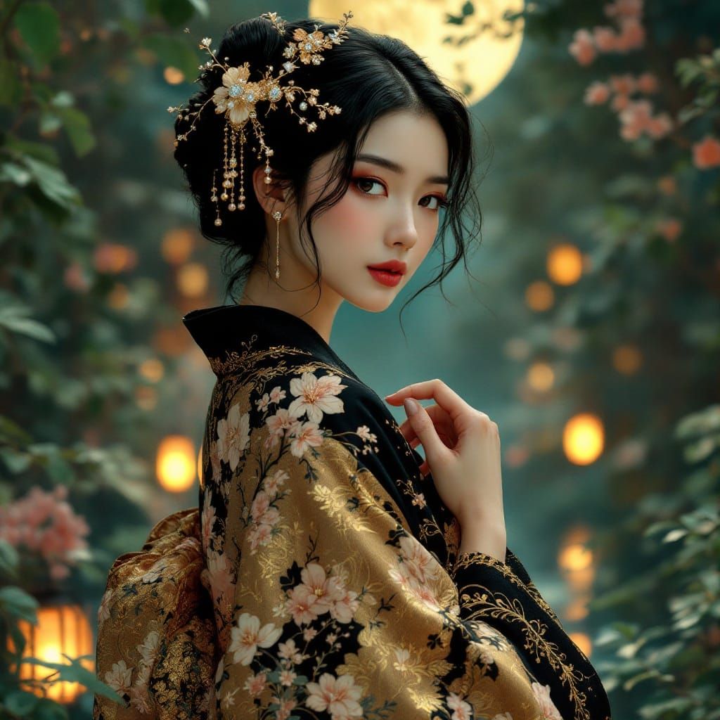 Asian Woman in Kimono, Art Nouveau Style